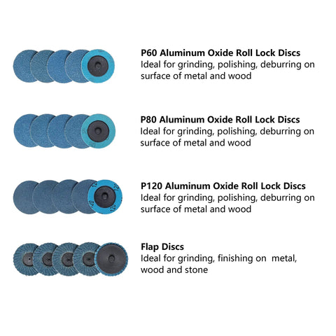 44 Piece 2 Inch Sanding Discs Set With Quick Change One Quarter Inch Holder For Die Grinder Shows Aluminum Oxide Roll Lock Discs P60, P80, P120 Alongside Flap Discs Ideal for Surface Conditioning Finishing Cleaning Grinding Polishing And Paint Removal.