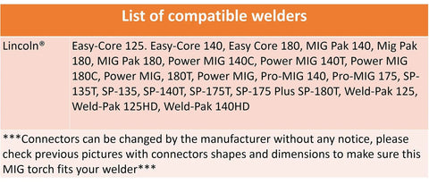 List of compatible Lincoln welders for 150 Amp MIG Welder Gun Torch For Lincoln Magnum, 12 Foot Cable, Two-Pin Signal Connector