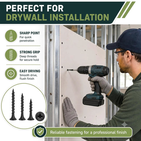Drywall Screws Assortment Kit 1100 Pieces With Thirteen Sizes Size Six And Size Eight Black Phillips Wood Screws In Two And Three Quarter Inches Two Inches One And One Half Inches One And One Quarter Inches One Inch Three Quarter Inch Five Eighths Inch on drywall
