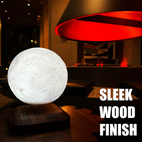 Floating Moon Lamp With Magnetic Levitation Dope Rotating Realistic Moon Display on wooden base in dimly lit room