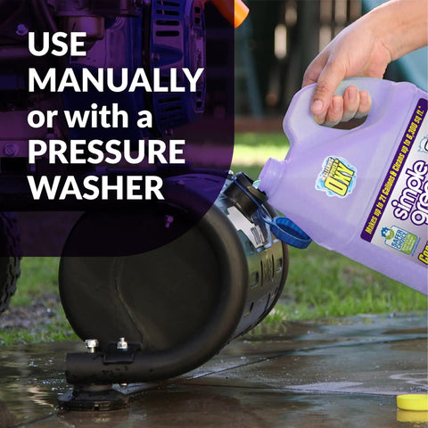 Hand pouring Oxy Solve Concrete And Driveway Pressure Washer Cleaner Purple Unscented 128 Fl Oz onto a driveway surface