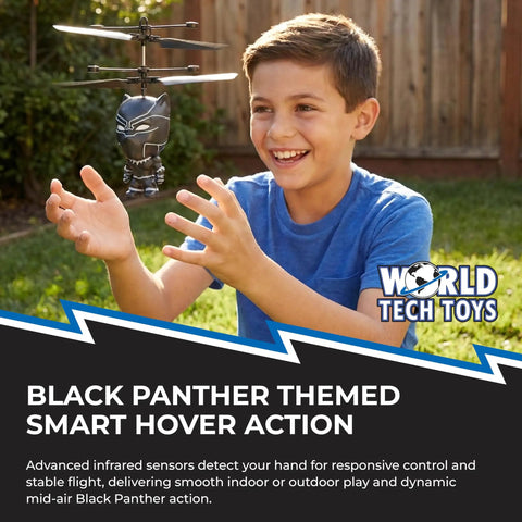 Child playing with Black Panther Flying Toy Helicopter With Motion Sensor For Kids Ages Six And Up Wakanda Inspired Drone