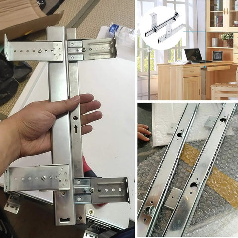 Hella Sturdy Heavy Duty Drawer Slides With Height Adjustable Brackets And Silver Keyboard Tray Rails Provide Under Desk Mounting featuring silver metal rails with adjustable brackets.