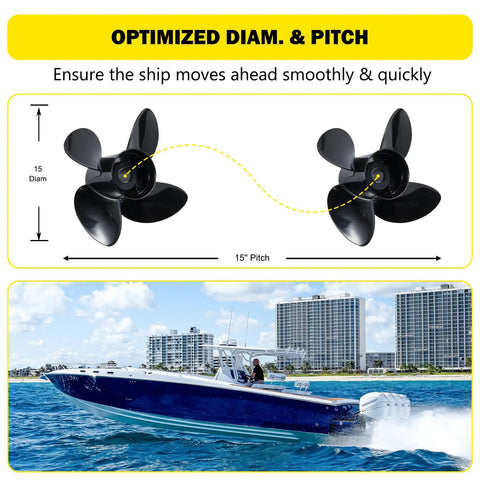 Diagram of hub kit included 15 inch 15 pitch aluminum outboard propeller four blade right hand rotation fits Mercury MerCruiser