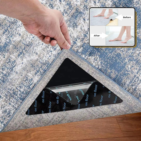 User applying 12 Pack No Slip Rug Tape For Area Rugs Double Sided Rug Grips Sticky Carpet Tape For Hardwood Floors And Tiles Triangle Design For Maximum Contact And Strong Hold Great For Home Use under a blue rug.