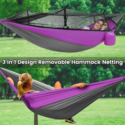 Person relaxing in a purple and gray All In One Camping Hammock With Mosquito Net Rain Fly Tarp And Straps, outdoor setting