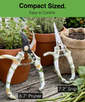 Two Pack Pruning Shears For Garden Work, 6.7-Inch Bypass Pruner And 7.2-Inch Straight Snips displayed beside potted plants.