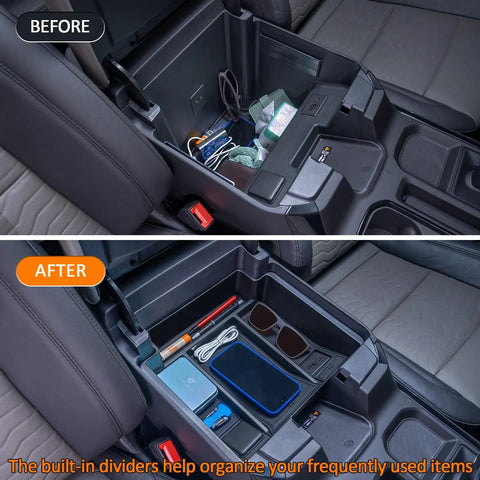 Comparison of a truck's center console before and after installing Full Size Console Tray with 2-Layer Storage for 2022-2026 Silverado Sierra 1500 And 2024-2026 2500HD/3500HD, Truck-Ready Fit With OEM Organizer, Bucket Seats Only, Wireless-Charging Compatible, Easy Install