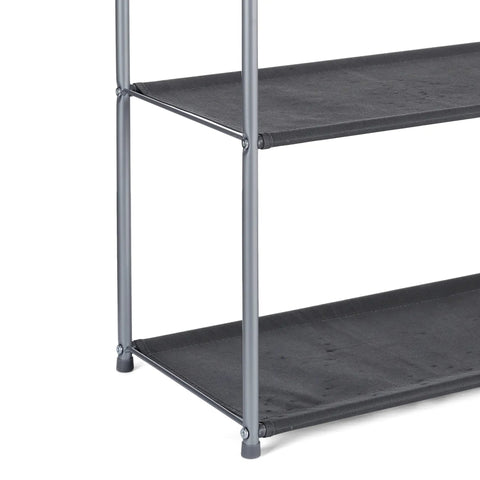 Freestanding Closet Organizer With Fabric Bins And Drawers, 3 Shelves, Gray, Powder Coated Steel Frame, corner view