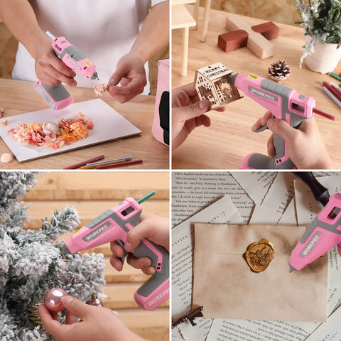 Cordless Dual-Temp Hot Glue Gun Kit With 7.2V Rechargeable Battery used for crafts, DIY home decor, and arts projects.