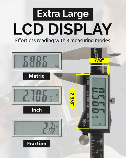 Big Read Digital Caliper 0 To 6 Inches With Inch Metric Fractions Display showing extra large LCD screen and measurements
