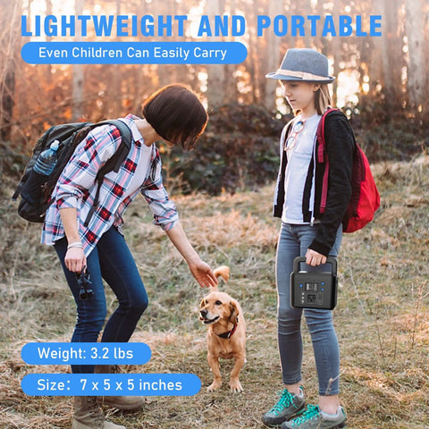 Two children outdoors, one holding 120Wh Portable Power Station With 200W Output, Six Output Ports, AC Outlet, 110V, lightweight