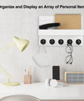 Solid Paulownia Wood Wall Mounted Key And Mail Holder Shelf With Heavy Duty Hooks For Coats Bags And Keys Straight Up Game Changer For Modern Entryway Setup, organized with notebooks and glasses.