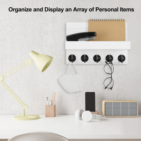 Solid Paulownia Wood Wall Mounted Key And Mail Holder Shelf With Heavy Duty Hooks For Coats Bags And Keys Straight Up Game Changer For Modern Entryway Setup, organized with notebooks and glasses.