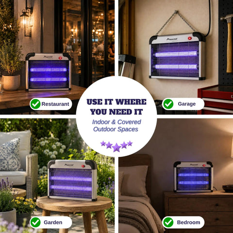 Beast Mode Electric Bug Zapper for home and covered outdoor areas with 20W UV bulbs and 2800V grid in diverse locations.