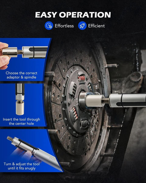 11 Piece Universal Clutch Alignment Tool Kit for Cars Light Trucks And SUVs Pro Grade Heavy Duty Metric Clutch Plate Centering Tools with 3 Spindles Expanding Mandrel Pilot Bearing Adapters Rubber Washers And Gloves shown in use on clutch plate.