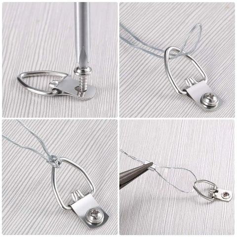 Close-up of All In One Picture Hanging Kit with D Ring Hangers and Screws, showing wire and aluminum sleeves, supports up to 30 lb