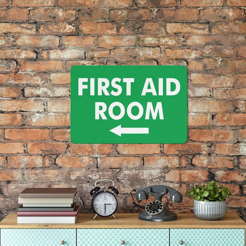 Left Arrow First Aid Room Outdoor Medical Safety Sign 8x12 Aluminum on brick wall above vintage decor