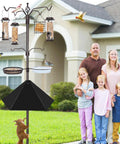 Six Hook Outdoor Bird Feeding Station Kit With 94 Inch Heavy Duty Pole Four Feeders Wide 19 Inch Metal Squirrel Baffle in backyard