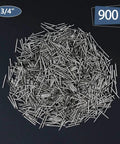 900 Pack Three Quarter Inch Nickel Plated Flat Finish Nails shown in a heap, corrosion resistant, perfect for picture hanging and DIY projects.