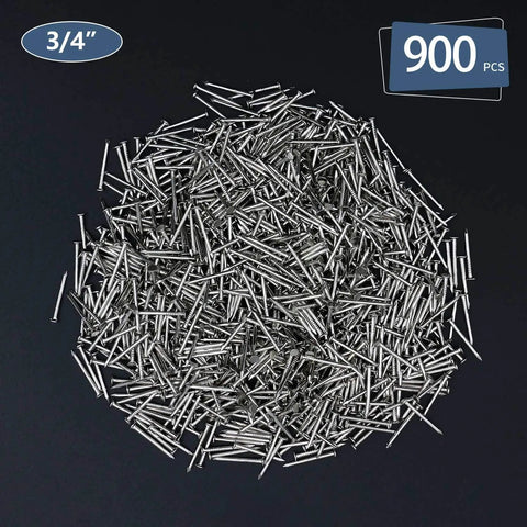 900 Pack Three Quarter Inch Nickel Plated Flat Finish Nails shown in a heap, corrosion resistant, perfect for picture hanging and DIY projects.