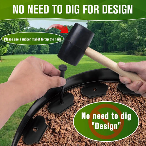 Installing No Dig Garden Edging Kit 3 Inch By 100 Foot Flexible Landscape Border with rubber mallet on soil