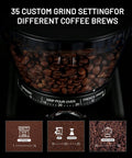 Heavy Duty Electric Conical Burr Coffee Grinder With 35 Dial In Settings And A Spacious Bean Hopper showcasing coffee beans and grind settings.