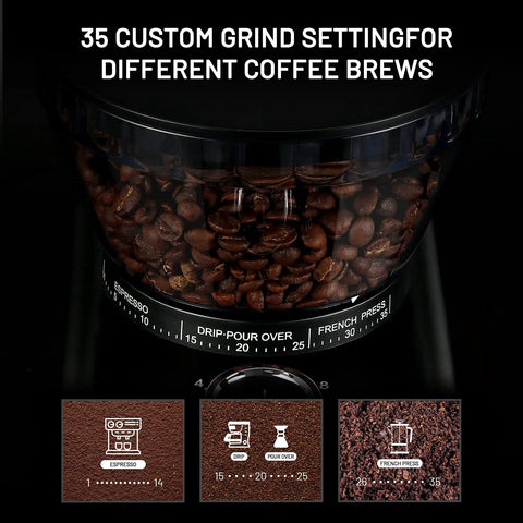Heavy Duty Electric Conical Burr Coffee Grinder With 35 Dial In Settings And A Spacious Bean Hopper showcasing coffee beans and grind settings.