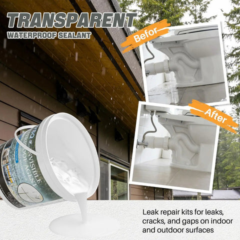 Rock Solid Waterproof Sealant 70 Oz Crystal Clear Leak Stopping Coating Kit with visible before and after images of waterproofing.