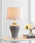 27 Inch Gray Ceramic Urn Table Lamp with White Linen Shade for Living Room, LED Bulbs Included, Dope Farmhouse Style Bedside Light