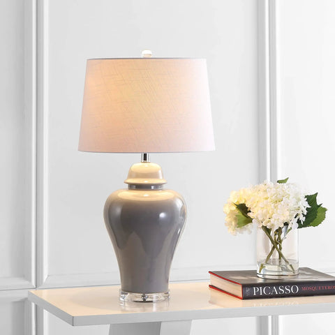 27 Inch Gray Ceramic Urn Table Lamp with White Linen Shade for Living Room, LED Bulbs Included, Dope Farmhouse Style Bedside Light