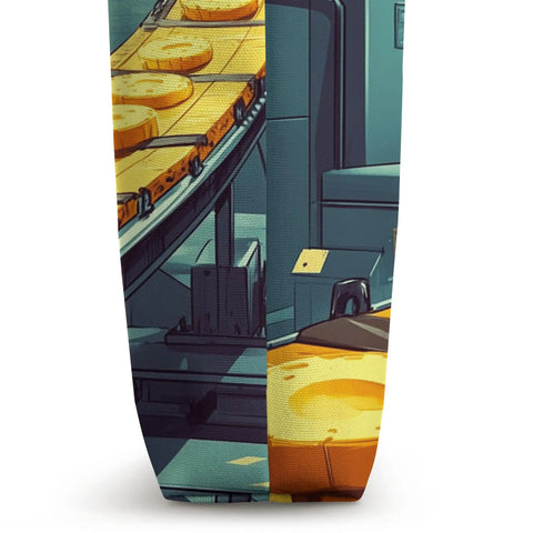 Industrial Cheese Conveyor Belt Artwork Tote Bag For Foodies And Cheese Lovers A Durable Cotton Carryall Perfect For Grocery Runs Market Day And Kitchen Decor
