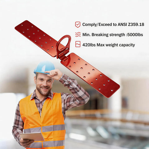 Built Tough Roof Anchors For Fall Protection Dead Easy Screw Installation Heavy Duty Alloy Steel D Rings Rust Resistant Corrosion Proof Rooftop Safety Gear Killer Security Two Pack shown with a smiling worker wearing safety gear.