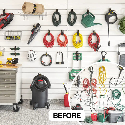 Garage wall organized with tools and cords using Wrap-It Storage Straps 17-Inch 2-Pack Heavy-Duty Hook And Loop Cord Carrier Hanger