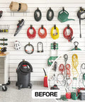Garage wall with tools and cords before using Heavy-Duty 28 Inch Storage Straps Set 2-Pack No-Fuss Hook And Loop Organizer.