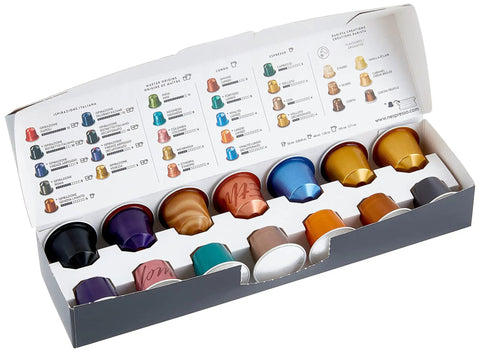 Slick Compact Espresso Machine For Your Daily Caffeine Grind, coffee capsule box with multiple flavors and colors.