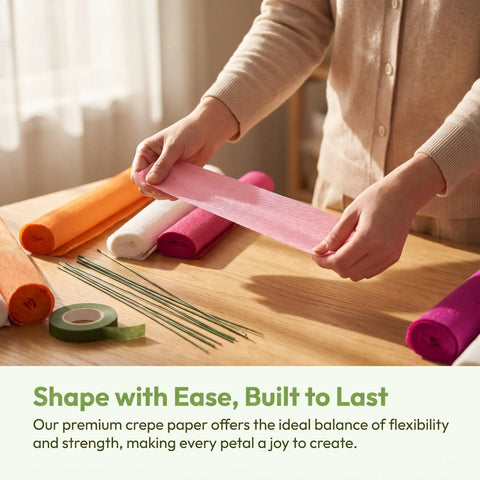No Fuss Crepe Paper Flower DIY Kit With Stem Wire Tape And Glue Sticks For Easy Peasy Paper Flower Creations Classroom Crafts And Beautiful Floral Bouquets For Beginners, hands holding pink crepe paper strip with wire and tape rolls