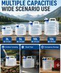 Collapsible Water Container With Spigot For Camping And Travel displayed in various sizes and scenarios