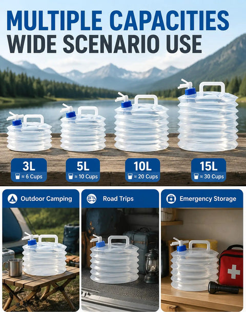 Collapsible Water Container With Spigot For Camping And Travel displayed in various sizes and scenarios