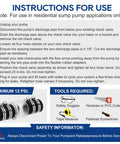 Quiet PVC check valve 1-1/2 in with Buna-N couplings and spring-loaded flapper; sump pump instruction graphic