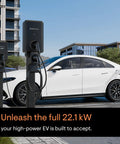 Commercial Level 2 EV Charger 80 Amp 22.1 Kw Hardwired Powerhouse with EV charging car in urban setting.