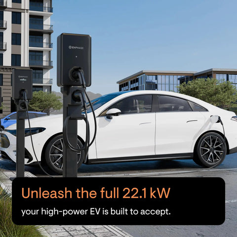 Commercial Level 2 EV Charger 80 Amp 22.1 Kw Hardwired Powerhouse with EV charging car in urban setting.