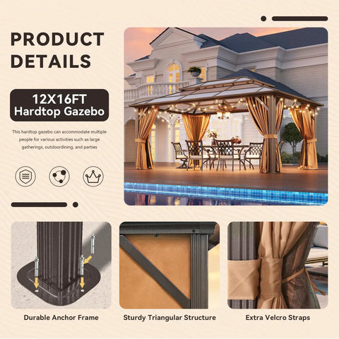 12x16 Foot Hardtop Metal Gazebo With Double Polycarbonate Roof For Outdoor Patio Netting And Curtains Included Permanent Backyard Pavilion For Lawn Garden And Patio Brown Chill Zone by a pool.
