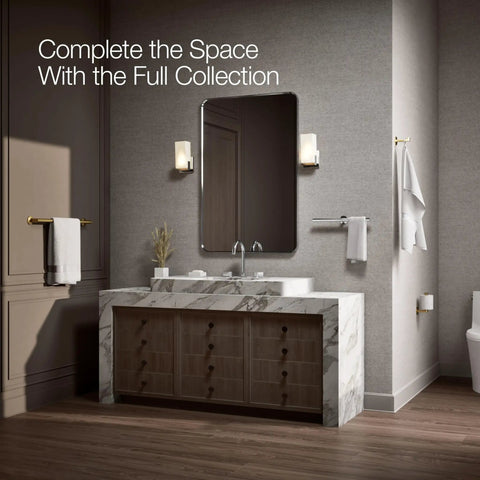 Modern bathroom with marble vanity, wall mirror, and Components Double Towel Arm With Premium Metal Construction displayed.