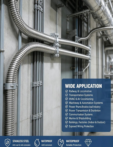 Heavy Duty 304 Stainless Steel Flexible Conduit With Tough Corrugated Sheathing For Smooth Wire Routing And Kickass Cable Protection That Gets The Job Done Right Without Fuss on industrial wall.