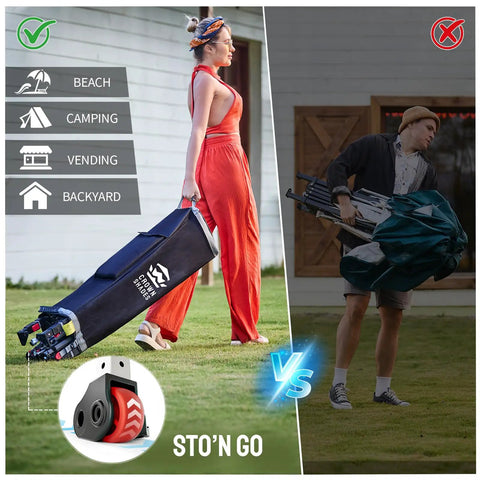 Two people carrying different bags, one lifting with ease using 10x10 Pop Up Canopy Tent With One Side Wall For Beach Parties Camping And Events Fast One Push Centerlok Setup No Tools Needed Durable Outdoor Sun Shade Gazebo Includes STO N Go Carry Bag Forest Green