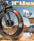 Front wheel of Beast 9000W Peak Dual Motor Ebike For Adults With 24 Inch Fat Tires Blue Finish Insane Torque Off Road Ready Tops Out At 47 MPH Electric Bike Built For Hills Trails And Urban Rides.