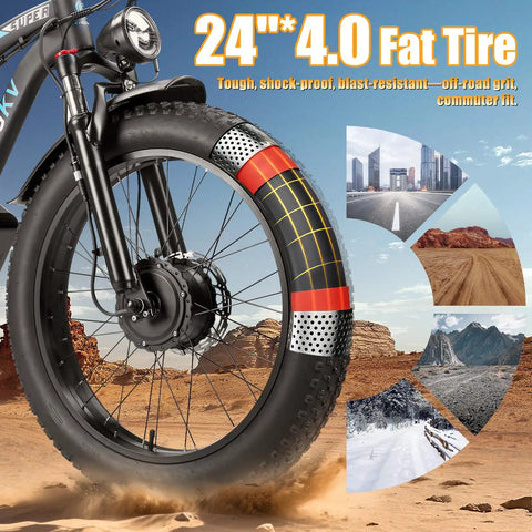 Front wheel of Beast 9000W Peak Dual Motor Ebike For Adults With 24 Inch Fat Tires Blue Finish Insane Torque Off Road Ready Tops Out At 47 MPH Electric Bike Built For Hills Trails And Urban Rides.