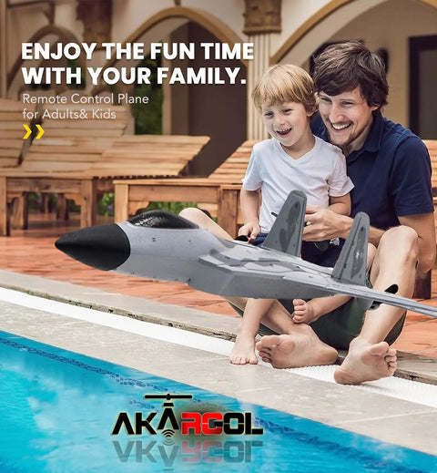 Family playing with Dope Remote Control Jet Plane With Extra 3 Batteries, LED Lights, Easy To Fly For Beginners by a poolside.
