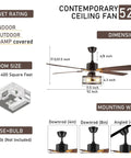 Diagram of 52 Inch Dope Farmhouse Ceiling Fan With Lights And Remote, Rustic Caged Light Fixture, dimensions and mounting options